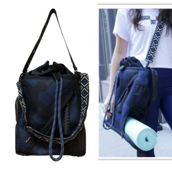 Go Dot Dash Black Blue Camo Bucket Tote Yoga Gym Travel Bag Cross Body Strap EUC - Picture 1 of 12